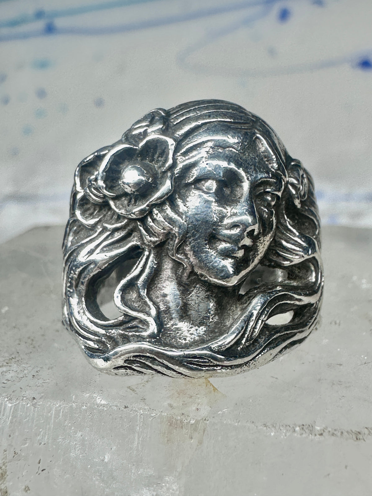 Lady Face Ring with Flower Art Deco Style Sterling Silver - Size 7