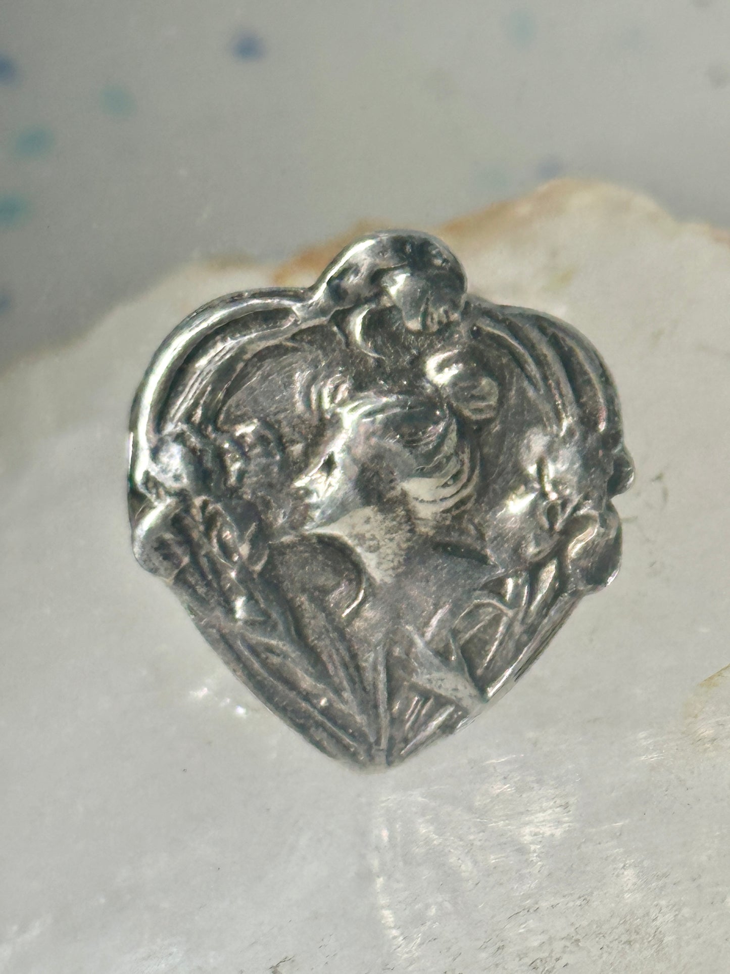 Lady face ring Floral Art Deco figurative size 7 sterling silver women