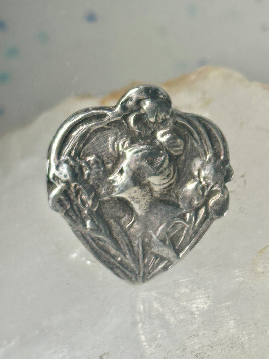 Lady face ring Floral Art Deco figurative size 7 sterling silver women