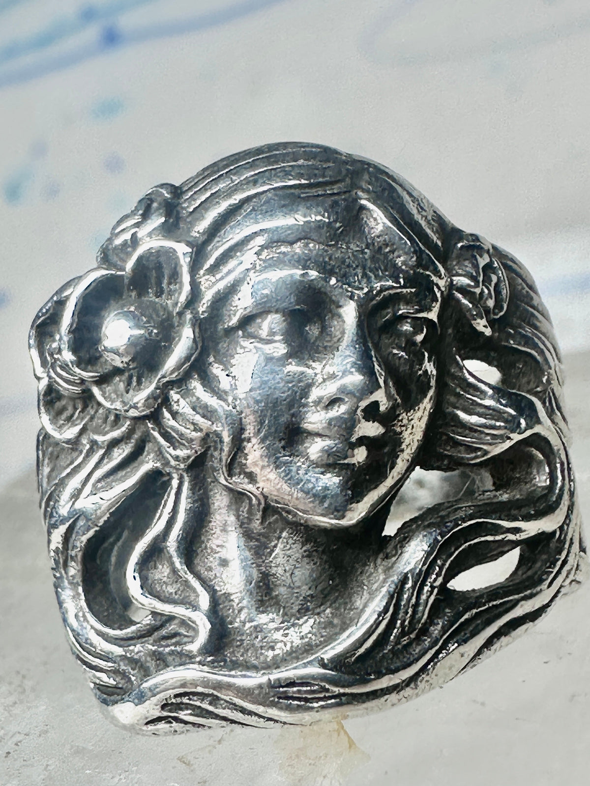 Lady Face Ring with Flower Art Deco Style Sterling Silver - Size 7