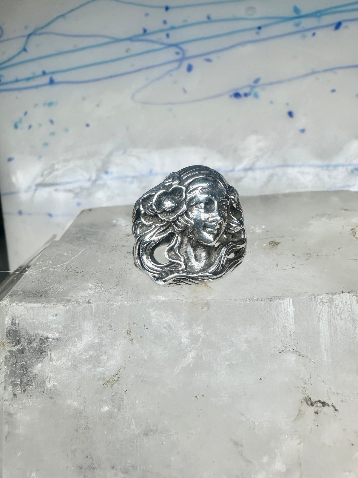 Lady Face Ring with Flower Art Deco Style Sterling Silver - Size 7