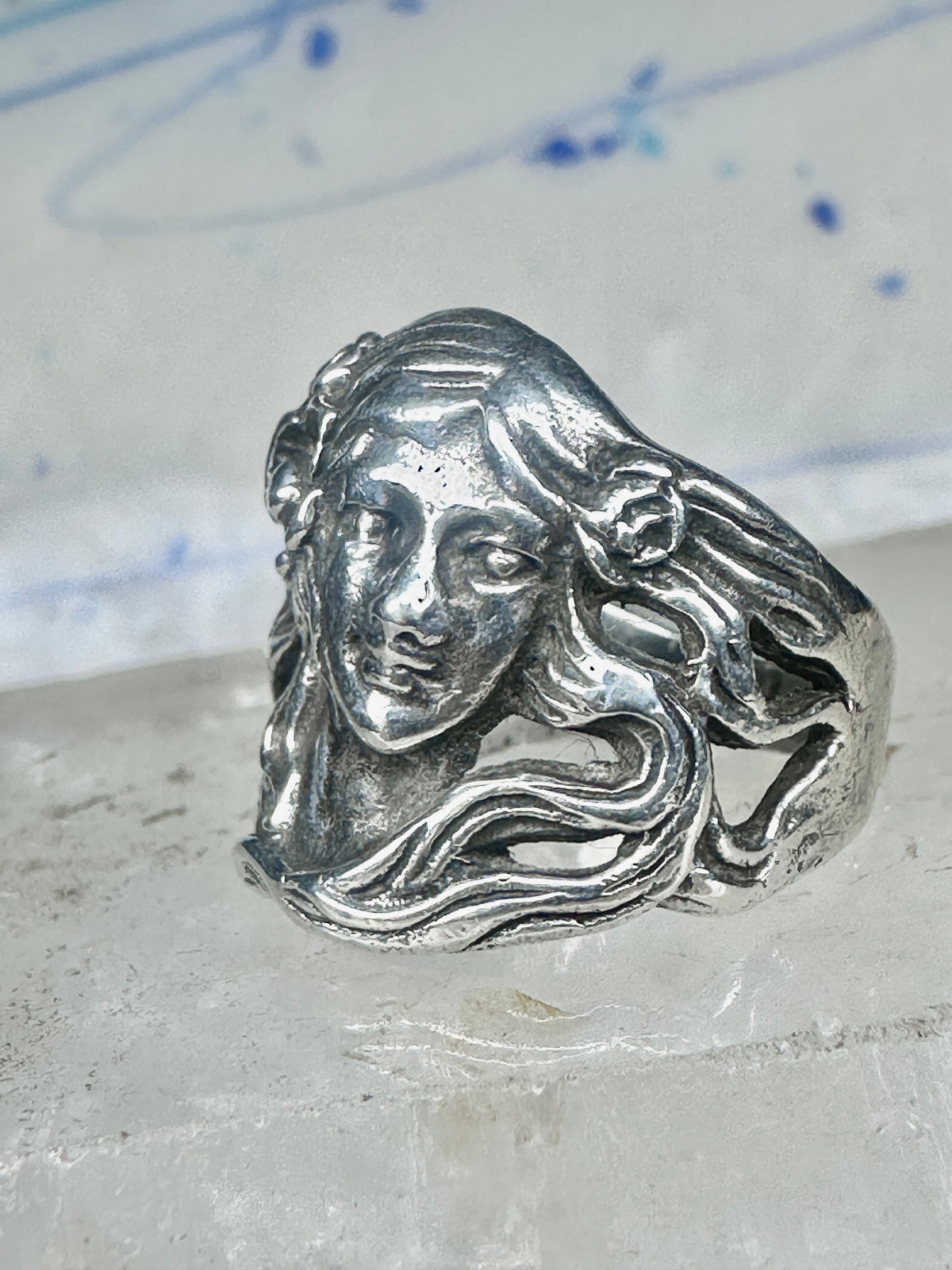 Lady Face Ring with Flower Art Deco Style Sterling Silver - Size 7