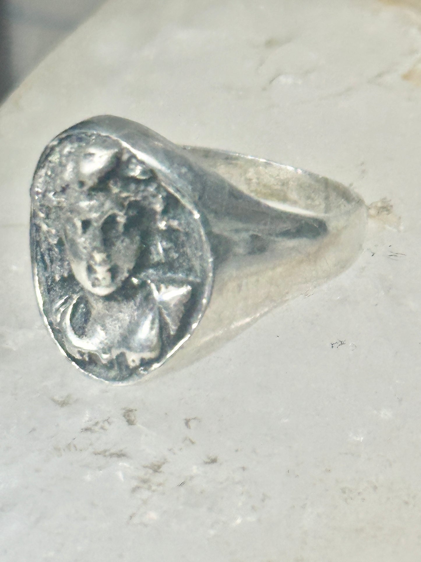 Classical face ring Art Deco figurative size 9 sterling silver women