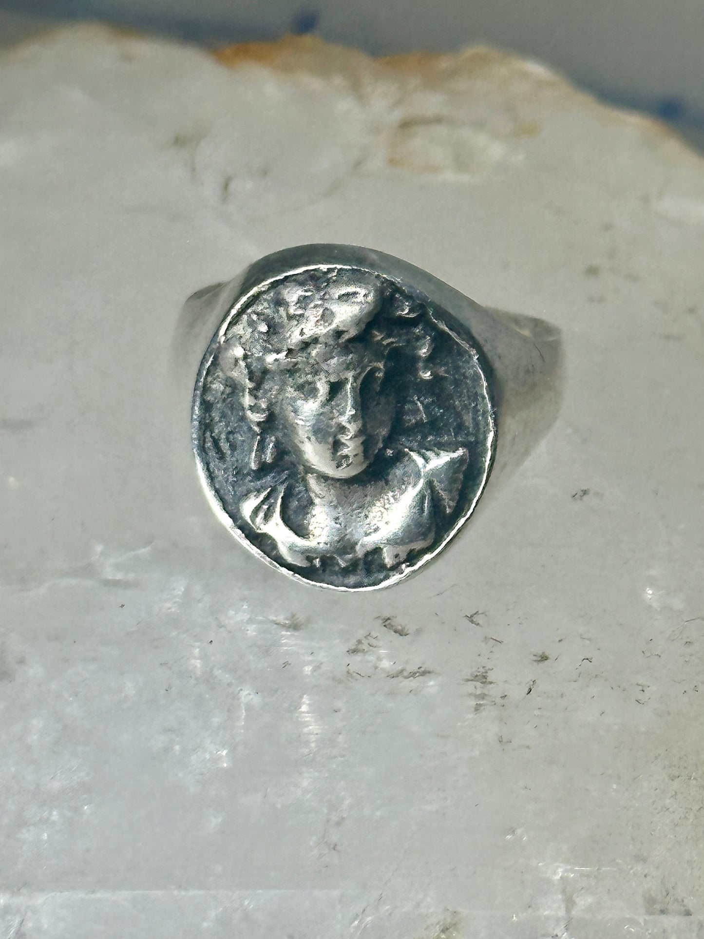 Classical face ring Art Deco figurative size 9 sterling silver women