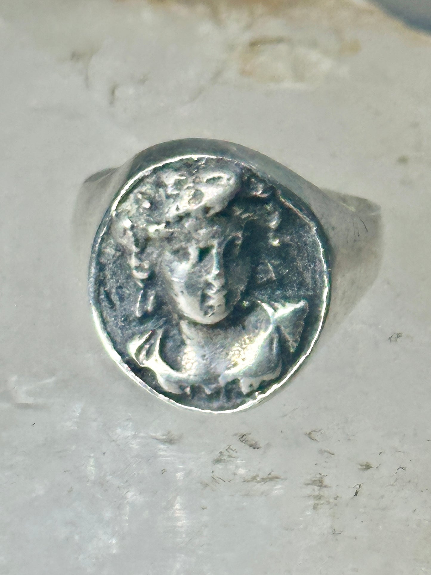 Classical face ring Art Deco figurative size 9 sterling silver women