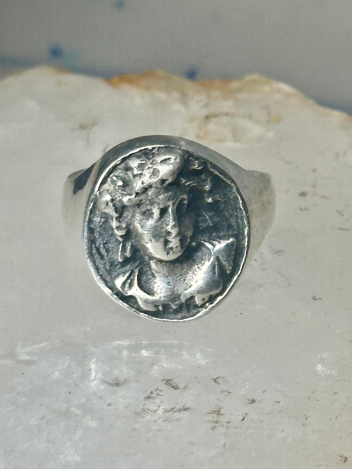 Classical face ring Art Deco figurative size 9 sterling silver women