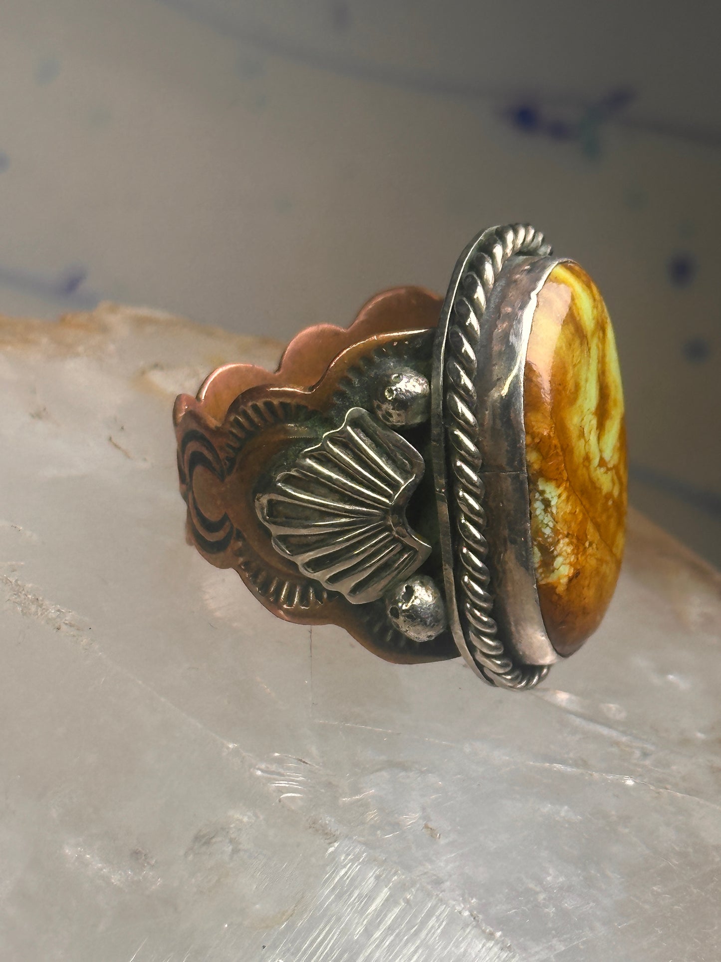Turquoise ring Navajo sterling silver size 10.75  copper band scalloped  women men