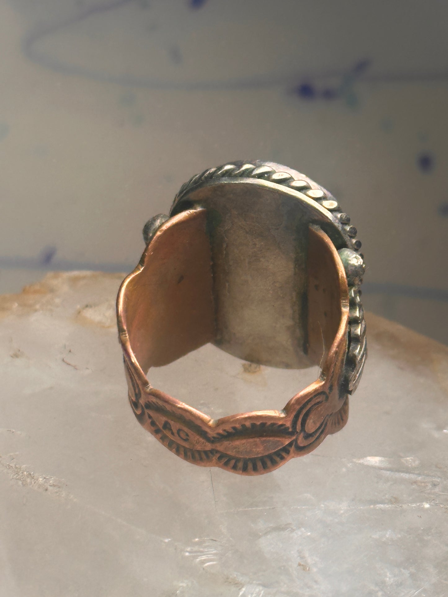 Turquoise ring Navajo sterling silver size 10.75  copper band scalloped  women men