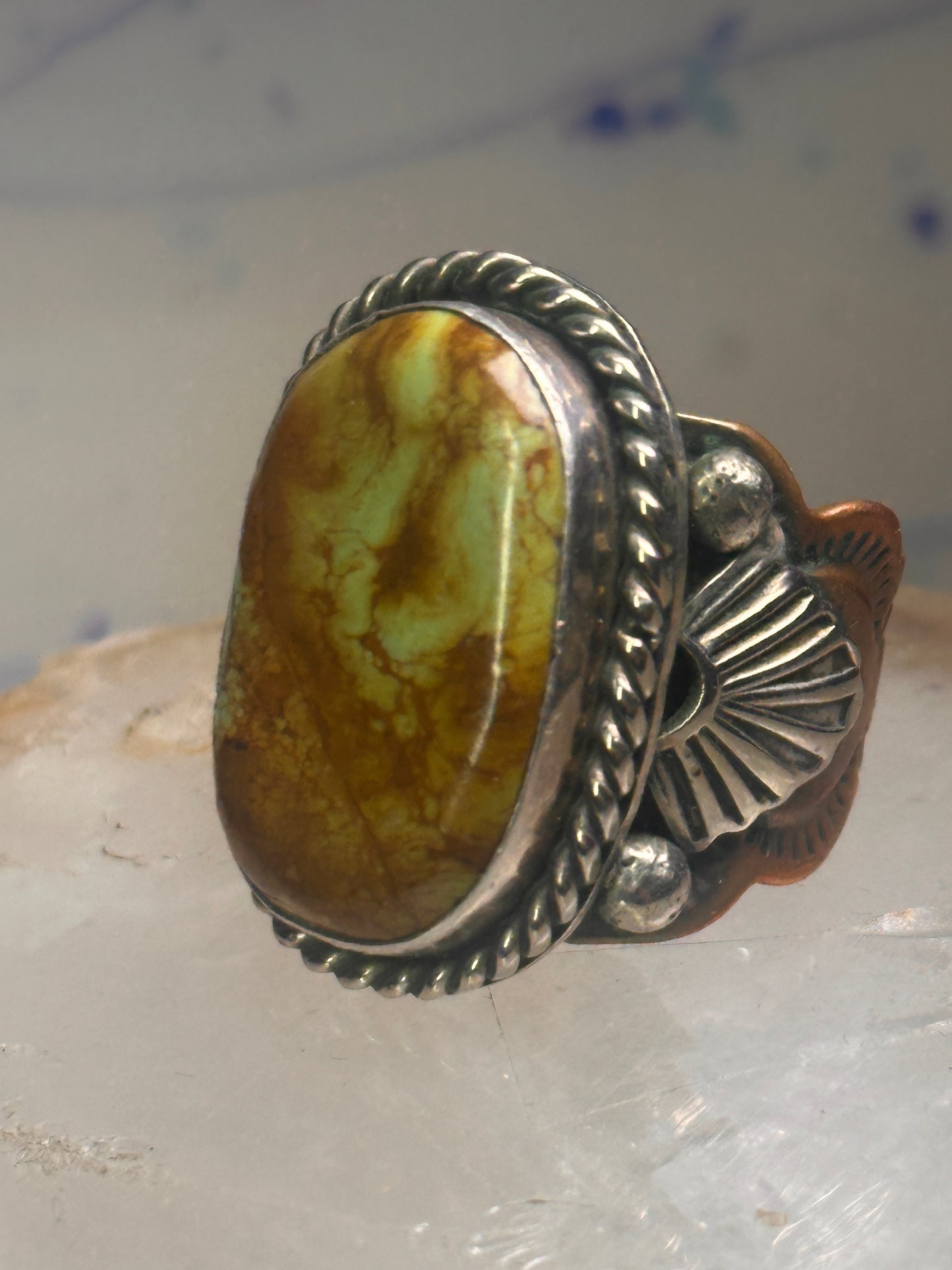 Turquoise ring Navajo sterling silver size 10.75  copper band scalloped  women men