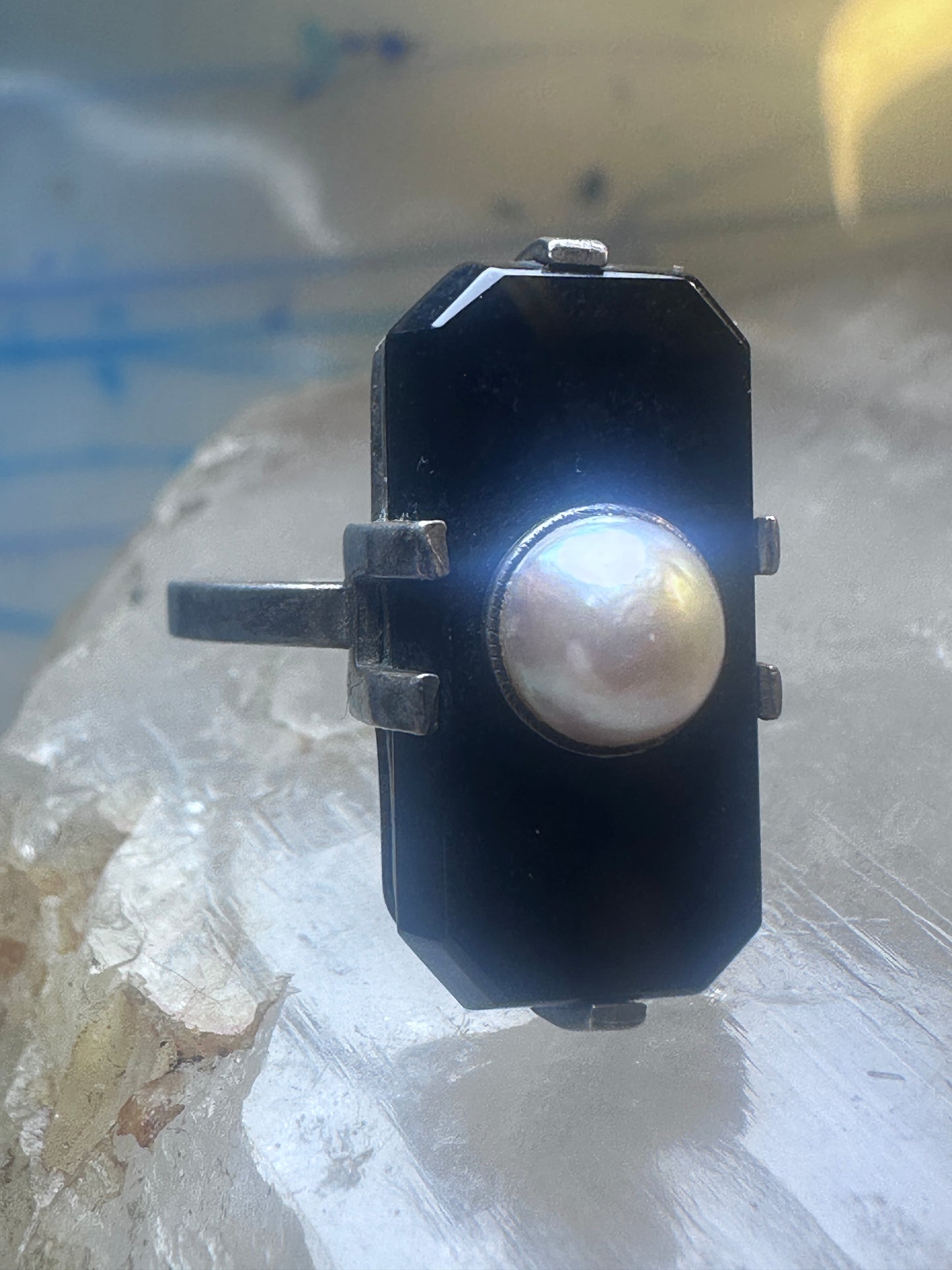 Art Deco ring Onyx pearl mourning band pinky size 5.25 sterling silver women