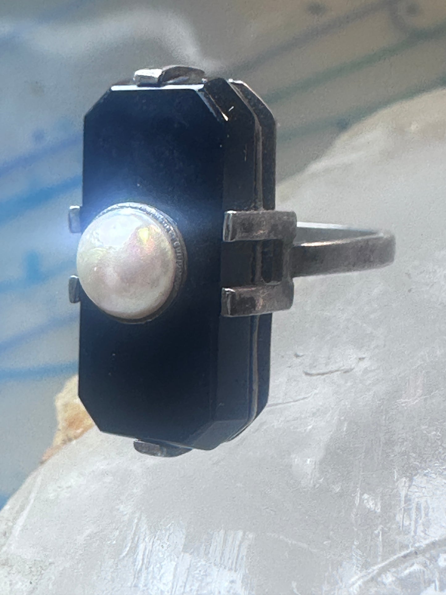 Art Deco ring Onyx pearl mourning band pinky size 5.25 sterling silver women