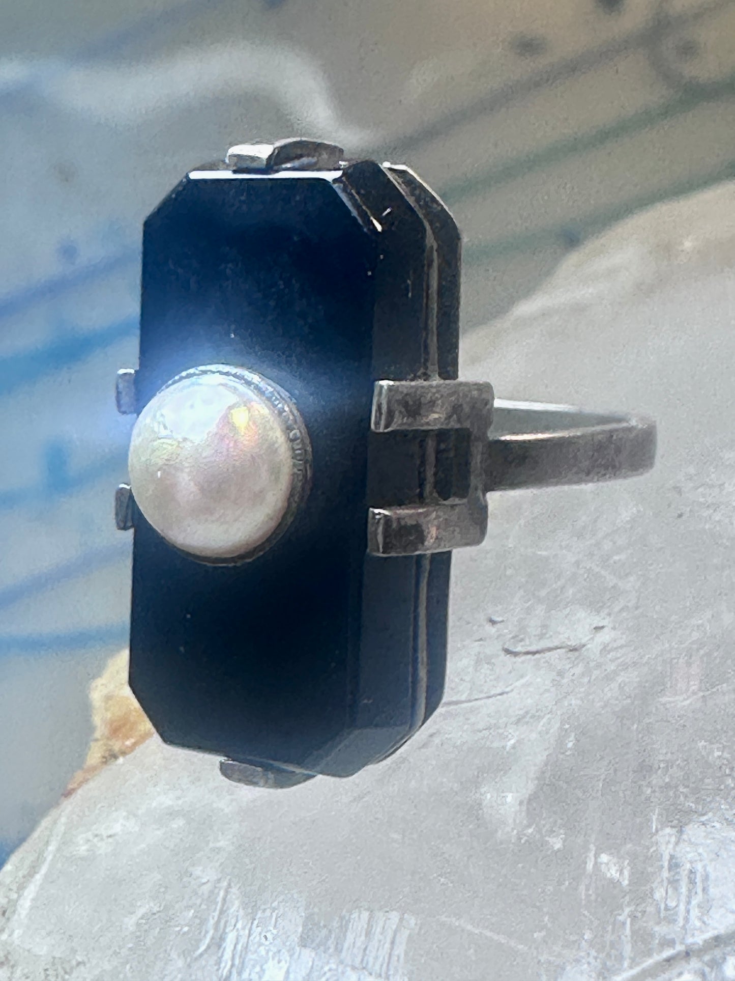 Art Deco ring Onyx pearl mourning band pinky size 5.25 sterling silver women