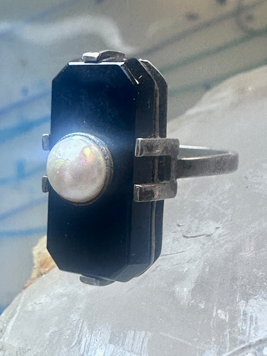 Art Deco ring Onyx pearl mourning band pinky size 5.25 sterling silver women