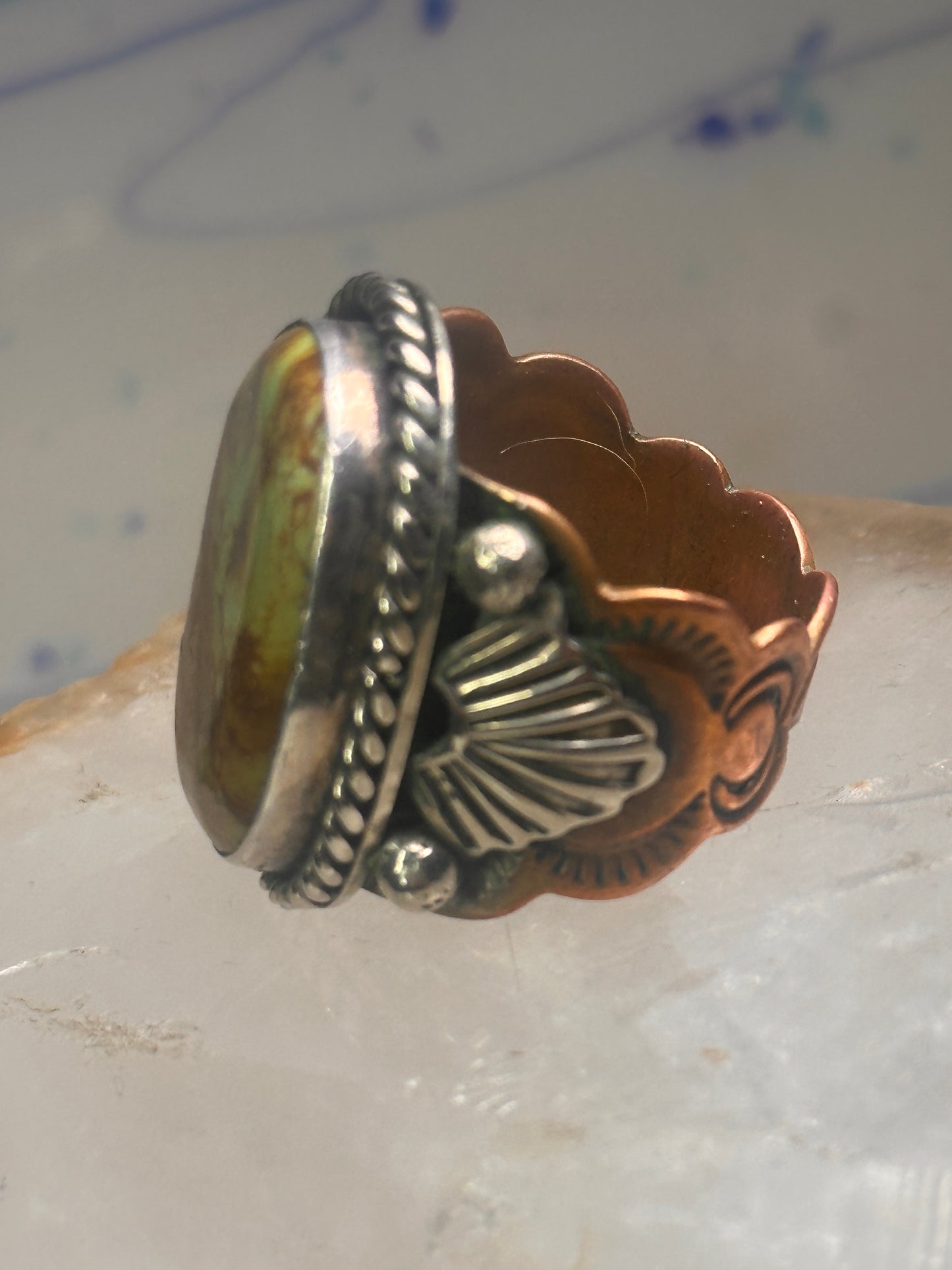Turquoise ring Navajo sterling silver size 10.75  copper band scalloped  women men