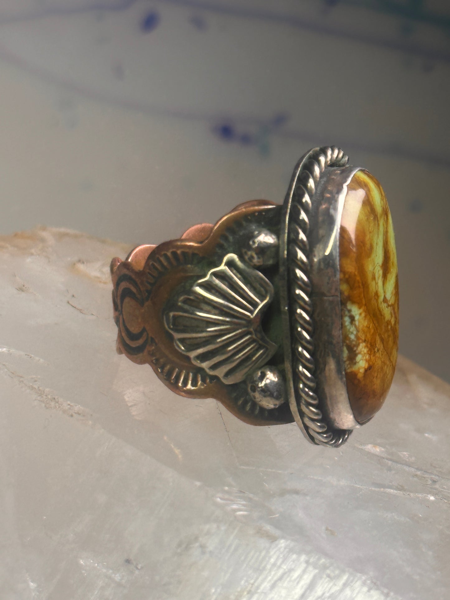 Turquoise ring Navajo sterling silver size 10.75  copper band scalloped  women men