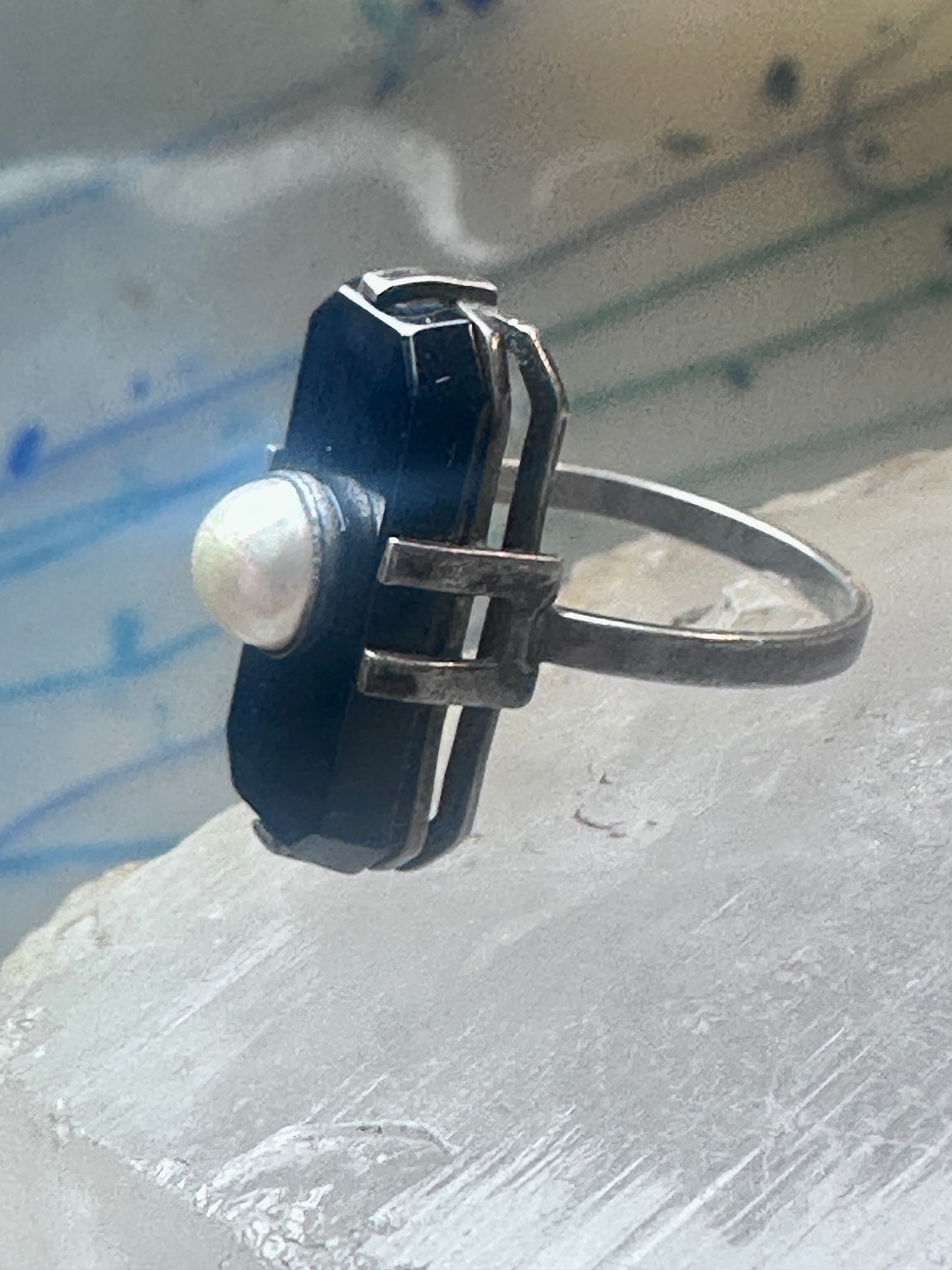 Art Deco ring Onyx pearl mourning band pinky size 5.25 sterling silver women