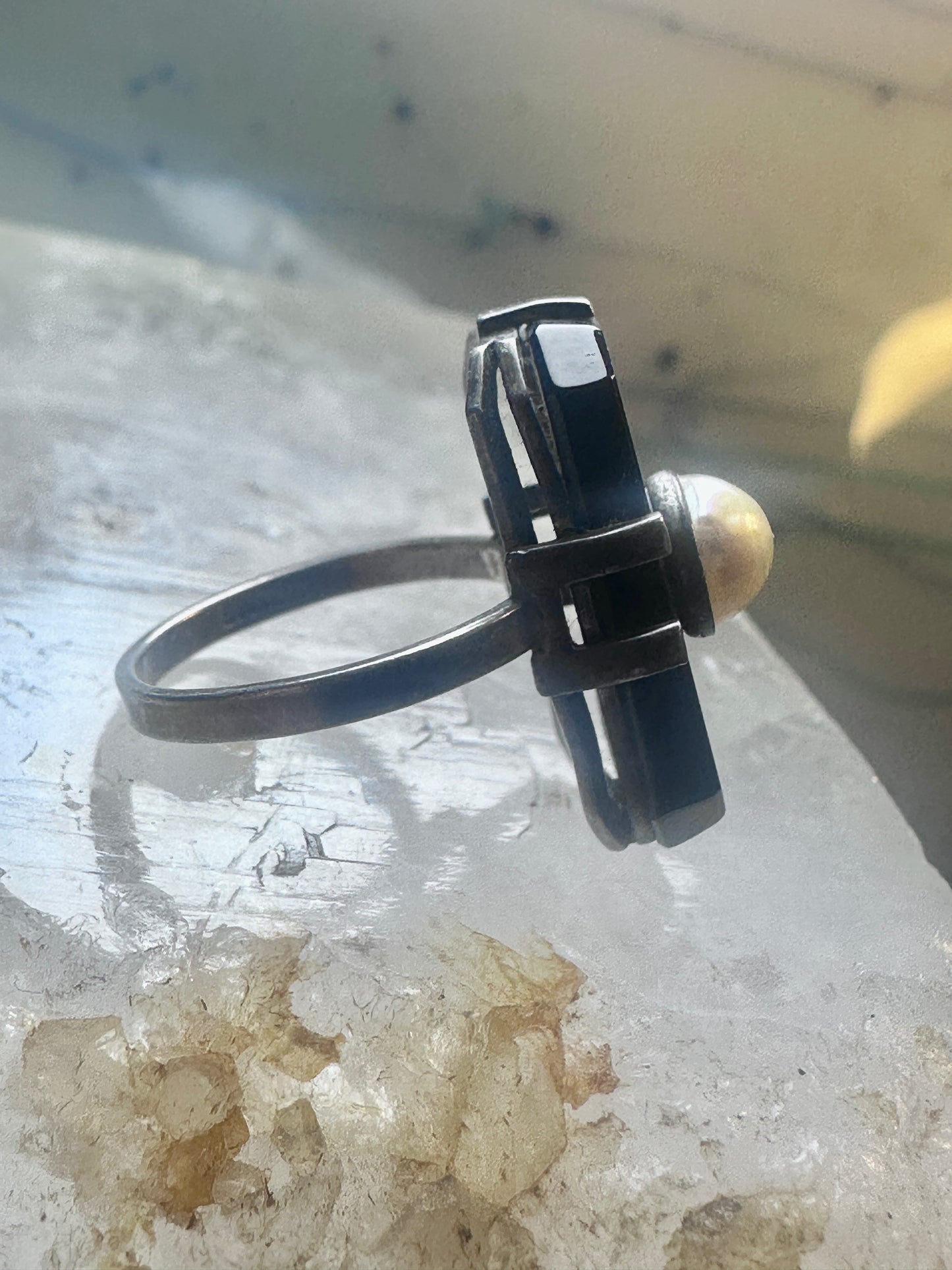 Art Deco ring Onyx pearl mourning band pinky size 5.25 sterling silver women