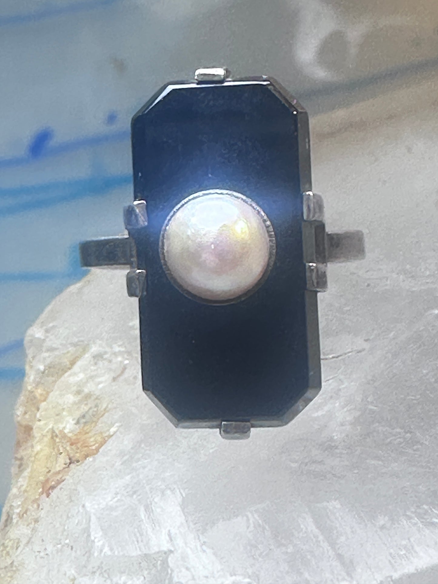 Art Deco ring Onyx pearl mourning band pinky size 5.25 sterling silver women