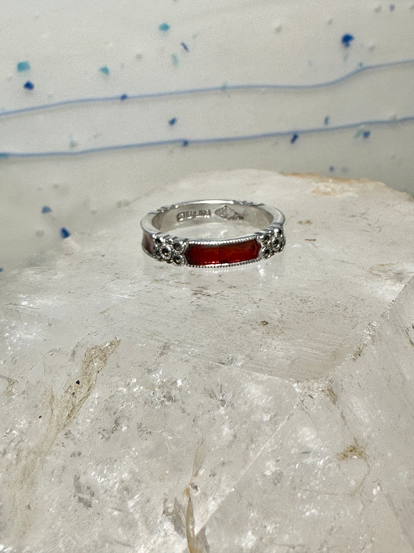 Judith Jack ring Wedding red enamel band marcasites stacker size 7.75 sterling silver women