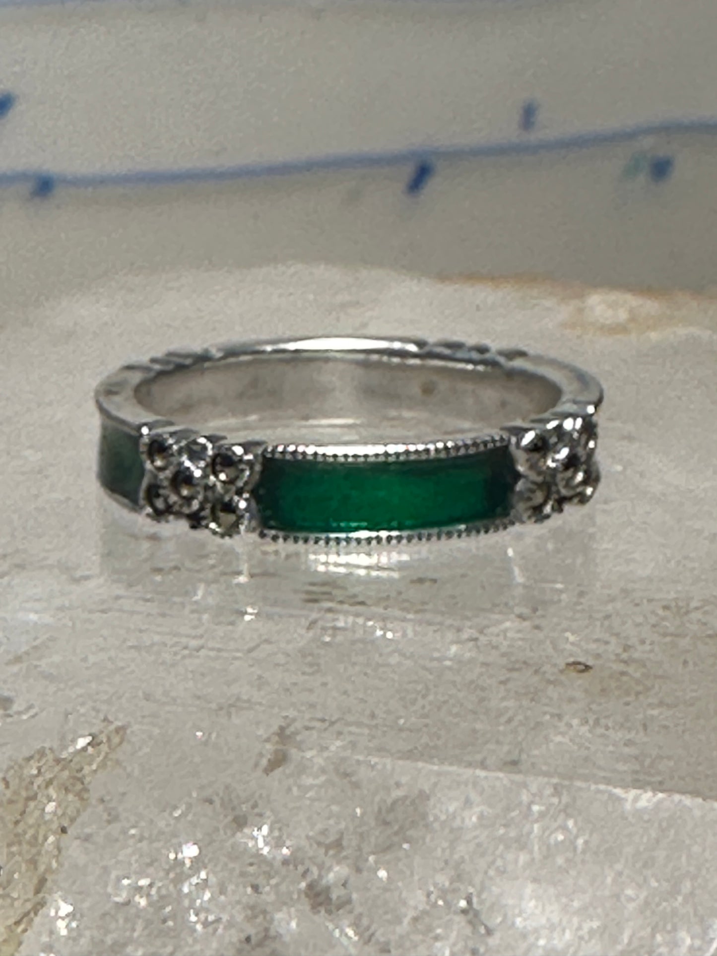 Judith Jack ring Wedding green enamel band marcasites stacker size 8 sterling silver women