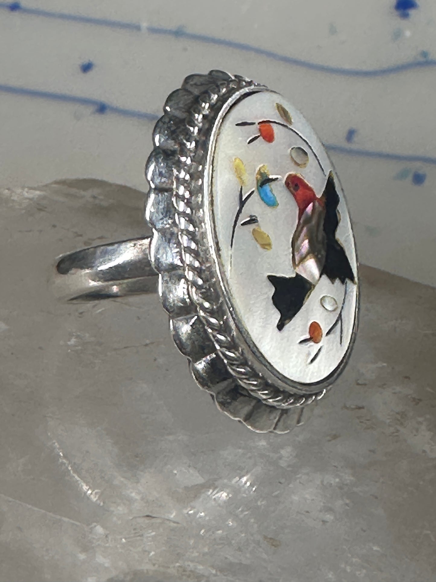 Bird ring southwest adj band abalone coral turquoise mop inlay size 9 sterling silver women