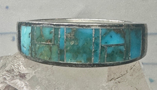 Vintage Signed AT Southwestern Sterling Silver Flush Inlaid Turquoise Band - Size 13.25
