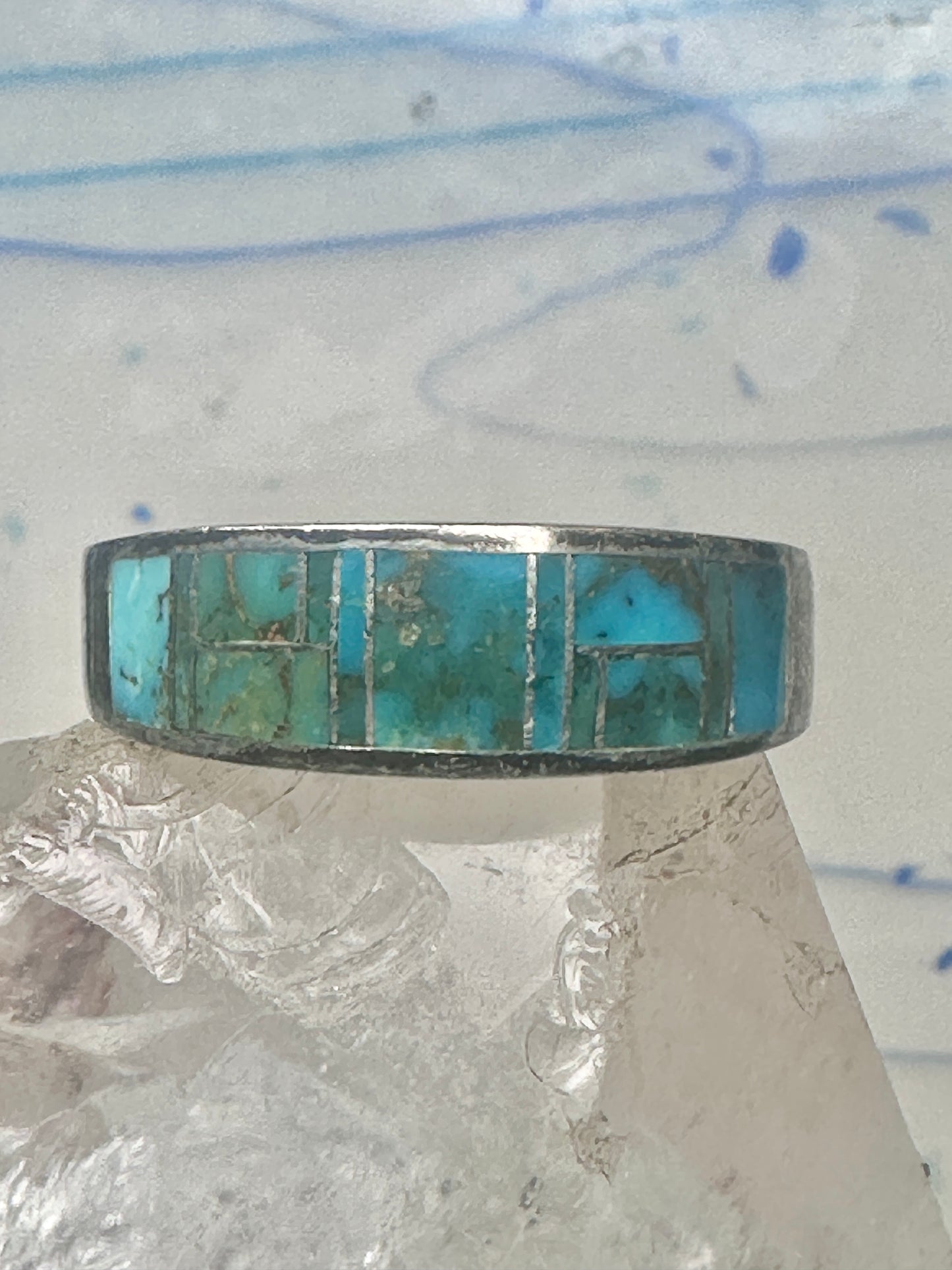 Vintage Signed AT Southwestern Sterling Silver Flush Inlaid Turquoise Band - Size 13.25