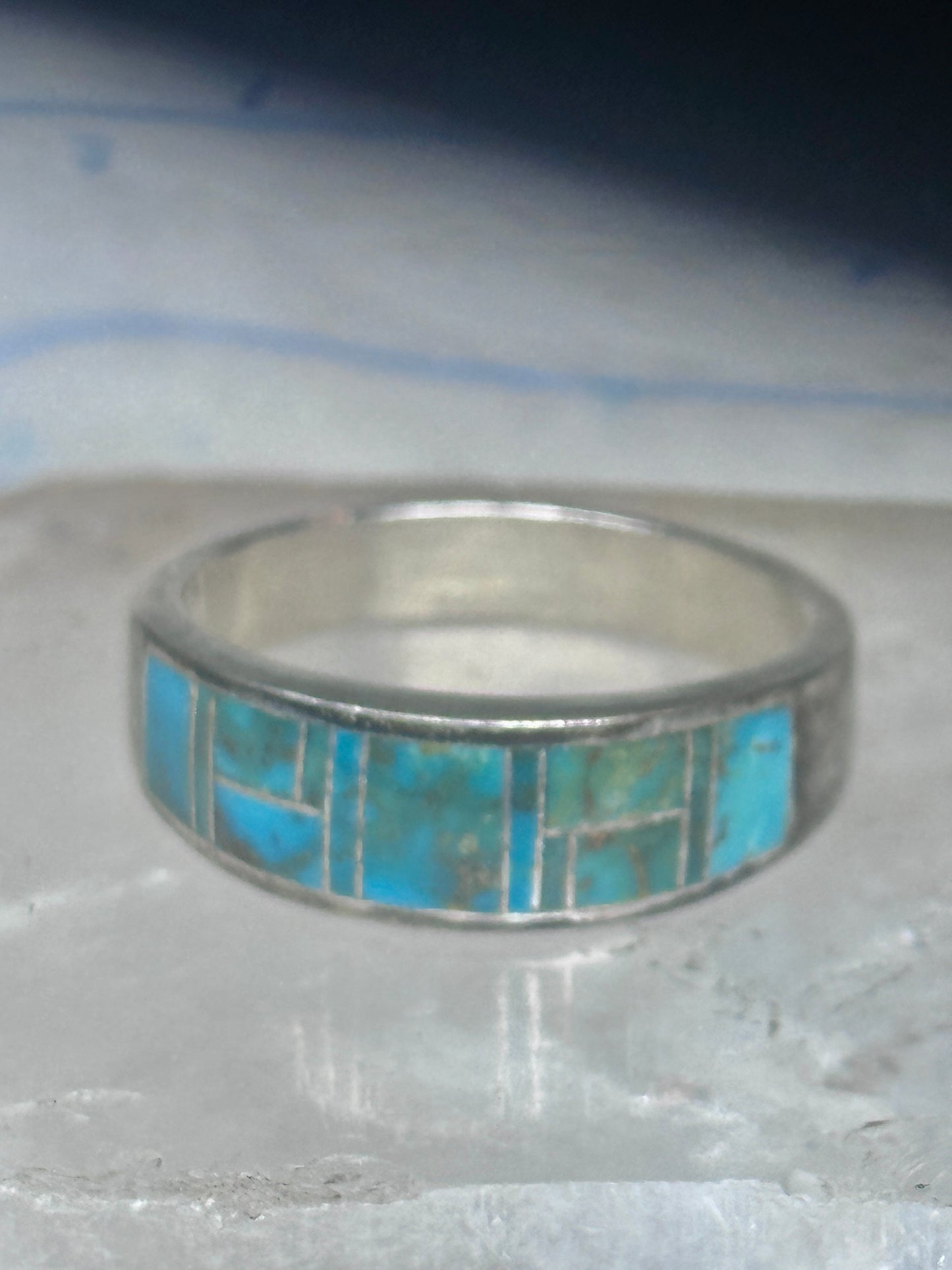 Vintage Signed AT Southwestern Sterling Silver Flush Inlaid Turquoise Band - Size 13.25