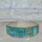 Vintage Signed AT Southwestern Sterling Silver Flush Inlaid Turquoise Band - Size 13.25