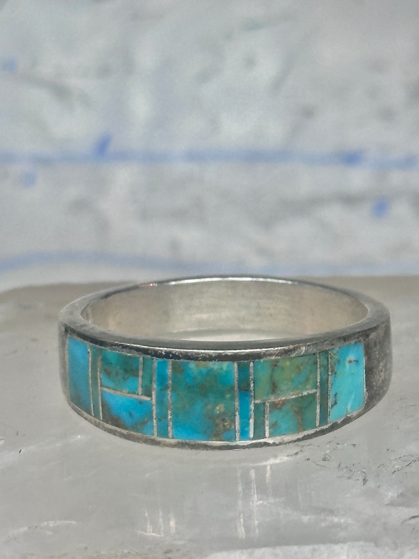 Vintage Signed AT Southwestern Sterling Silver Flush Inlaid Turquoise Band - Size 13.25
