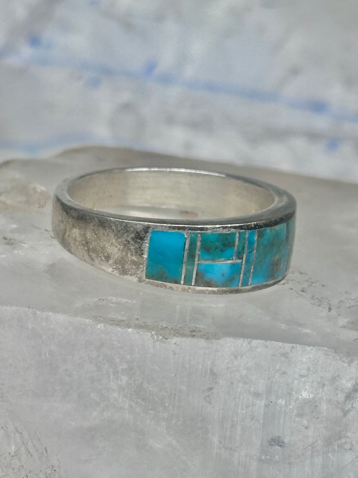 Vintage Signed AT Southwestern Sterling Silver Flush Inlaid Turquoise Band - Size 13.25