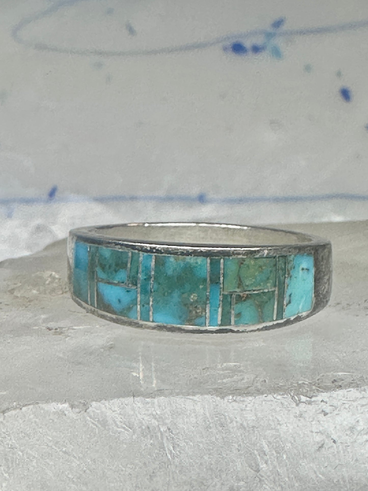 Vintage Signed AT Southwestern Sterling Silver Flush Inlaid Turquoise Band - Size 13.25