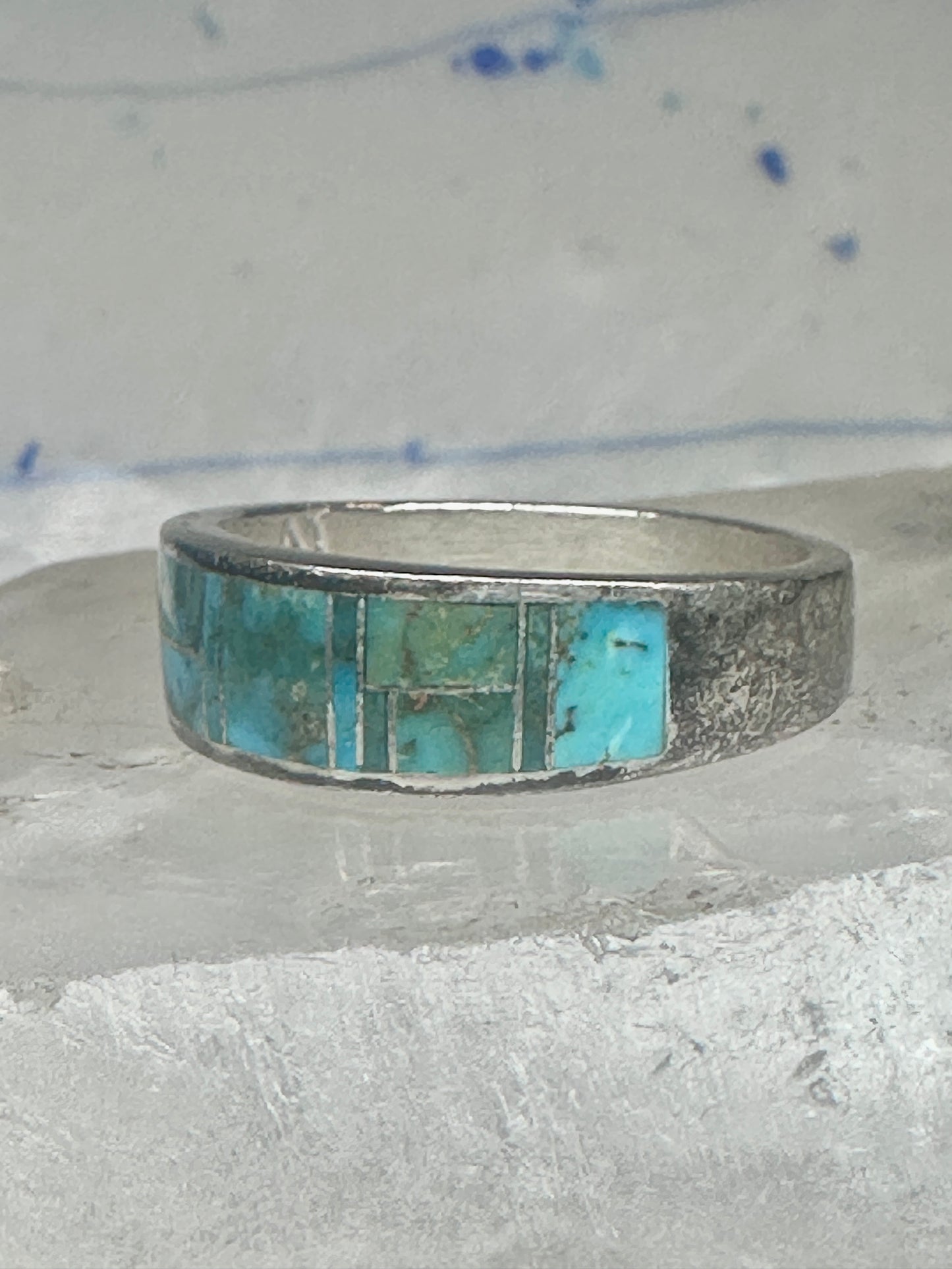Vintage Signed AT Southwestern Sterling Silver Flush Inlaid Turquoise Band - Size 13.25