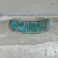 Vintage Signed AT Southwestern Sterling Silver Flush Inlaid Turquoise Band - Size 13.25