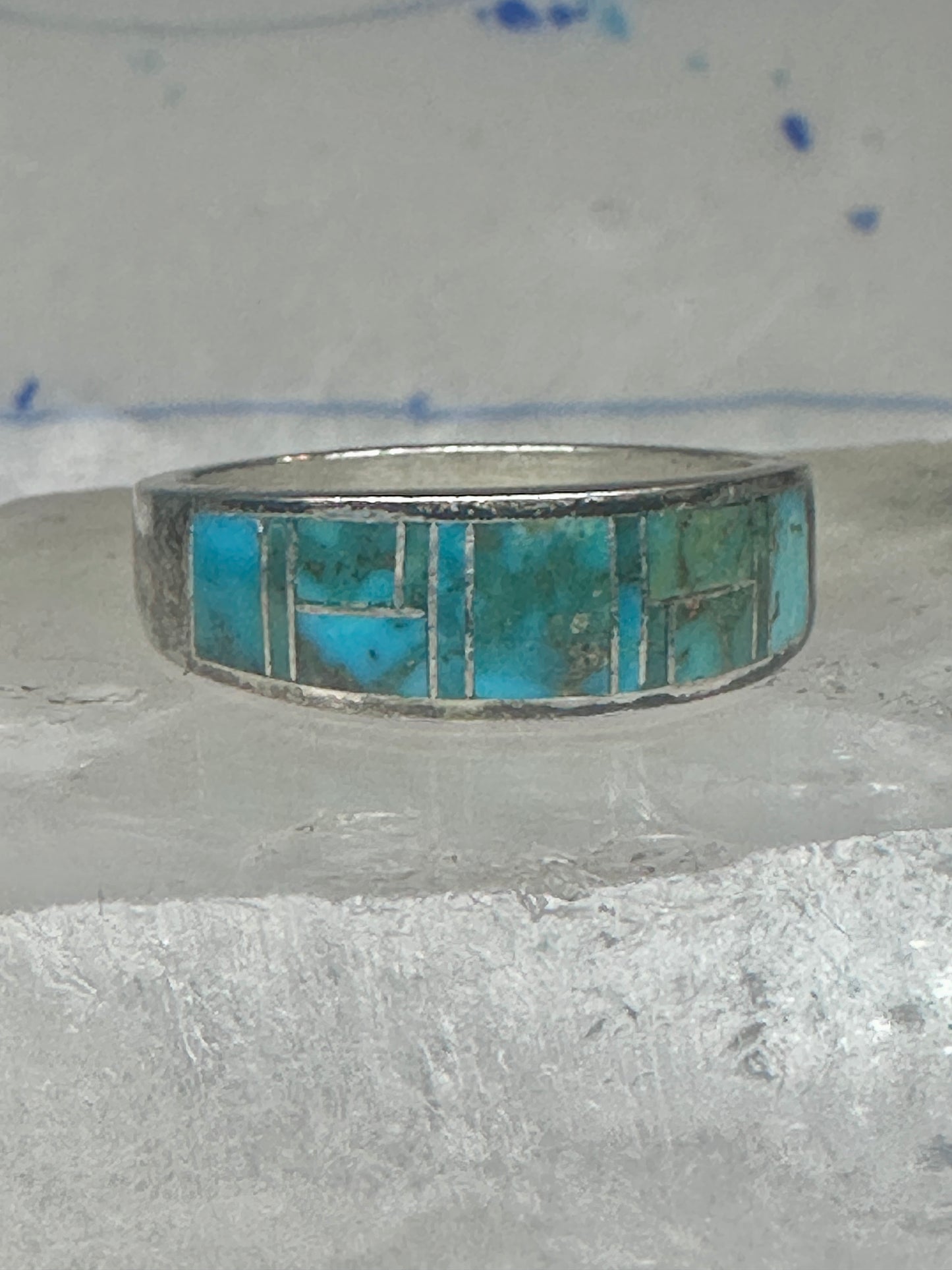 Vintage Signed AT Southwestern Sterling Silver Flush Inlaid Turquoise Band - Size 13.25
