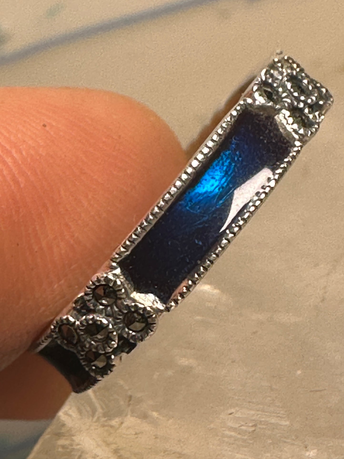 Judith Jack ring Wedding band blue enamel marcasites stacker size 8 sterling silver women