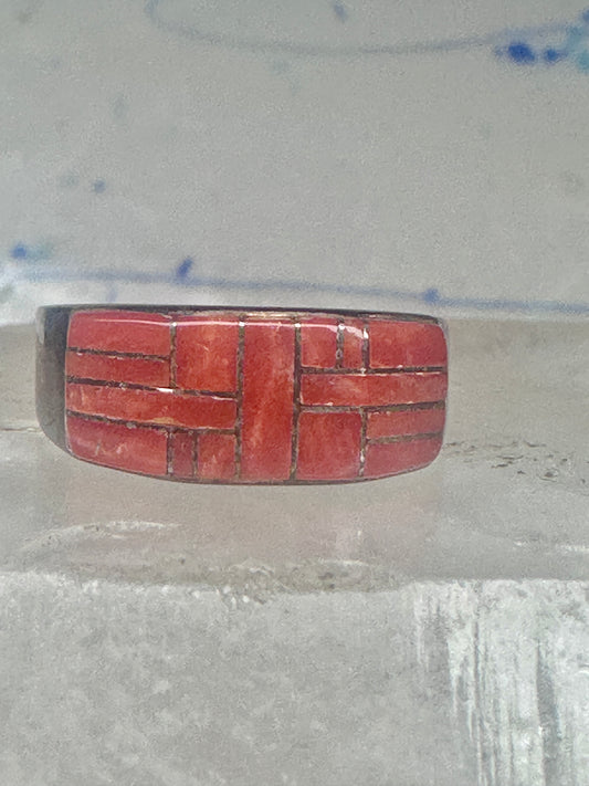 Vintage Orange Spiny Southwestern Sterling Silver Flush Inlaid Band - Size 9