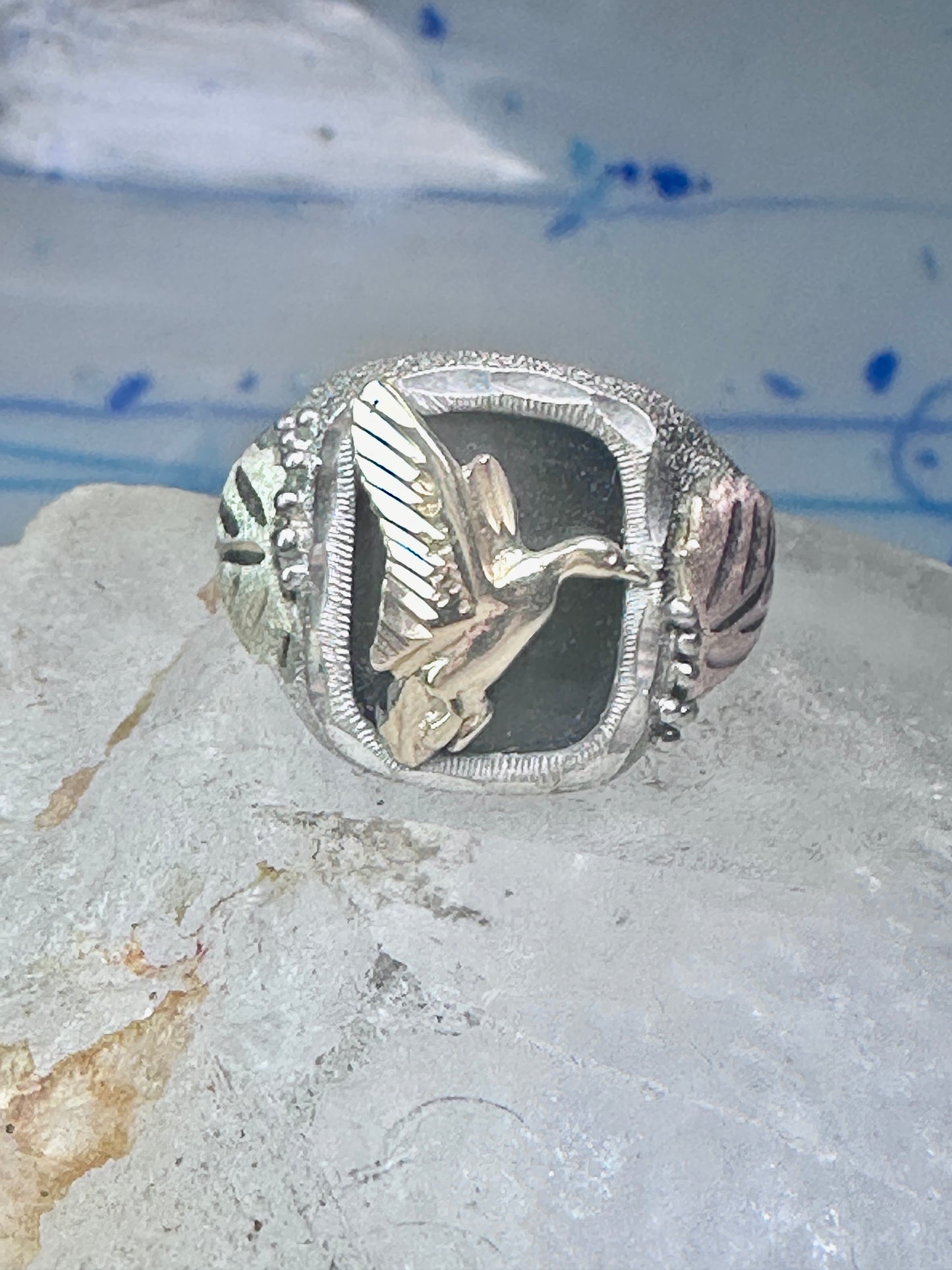 Black Hills Gold ring goose leaves bird onyx size 11.75 sterling silver women men