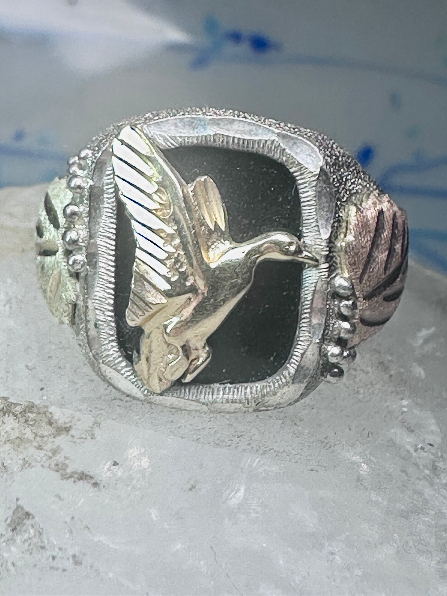 Black Hills Gold ring goose leaves bird onyx size 11.75 sterling silver women men