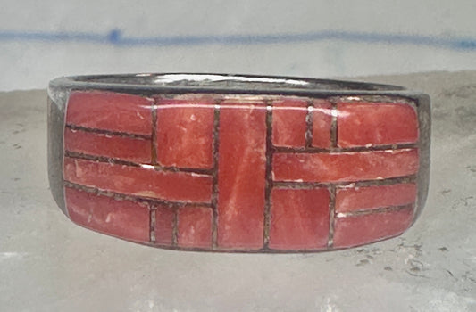 Vintage Orange Spiny Southwestern Sterling Silver Flush Inlaid Band - Size 9