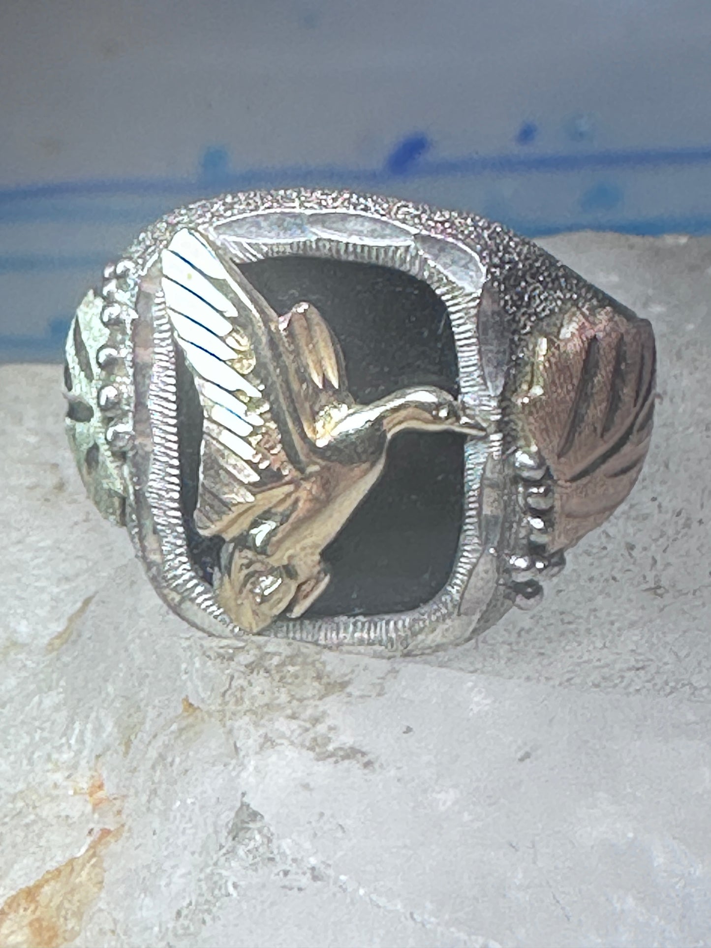Black Hills Gold ring goose leaves bird onyx size 11.75 sterling silver women men