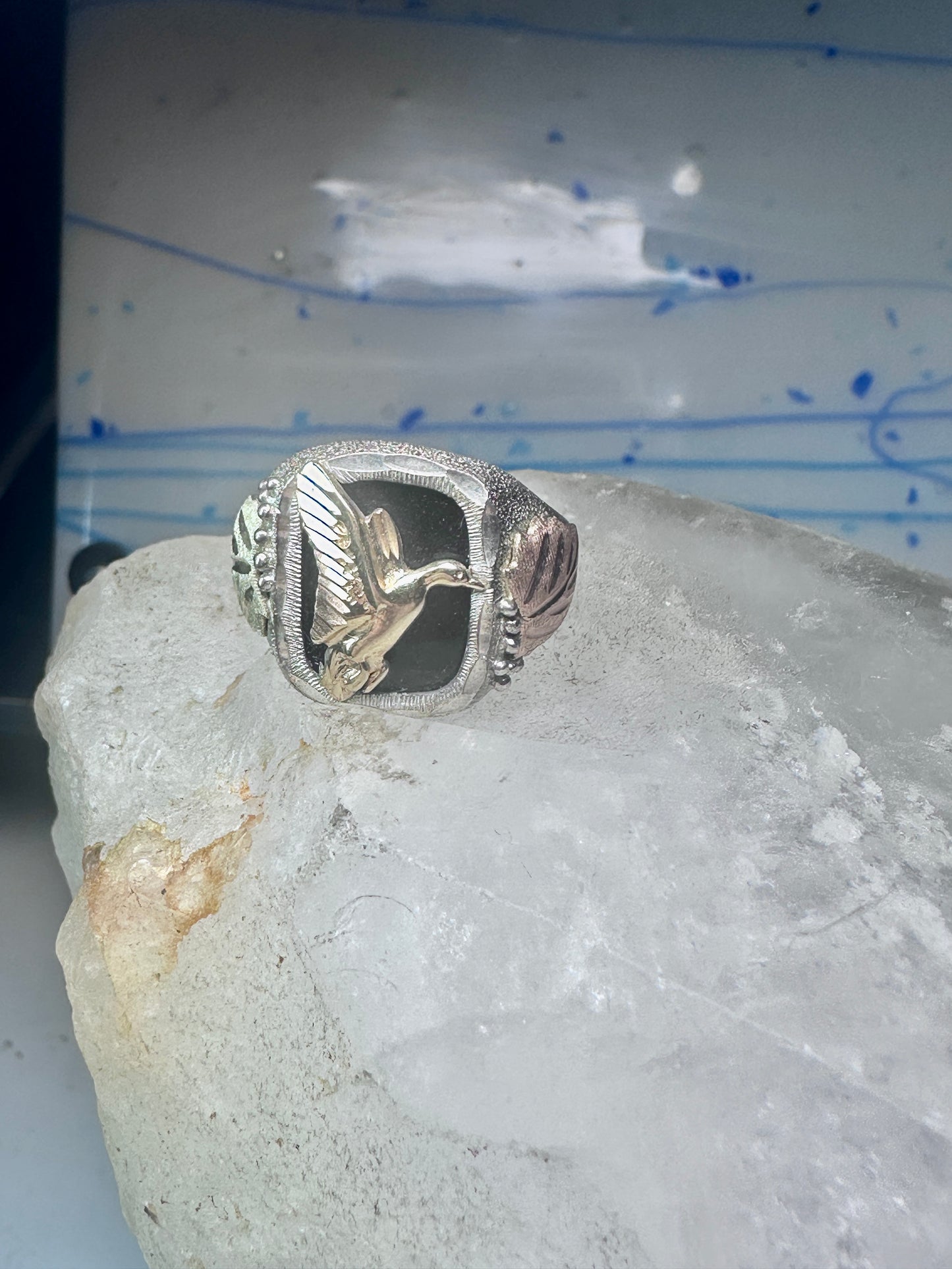 Black Hills Gold ring goose leaves bird onyx size 11.75 sterling silver women men