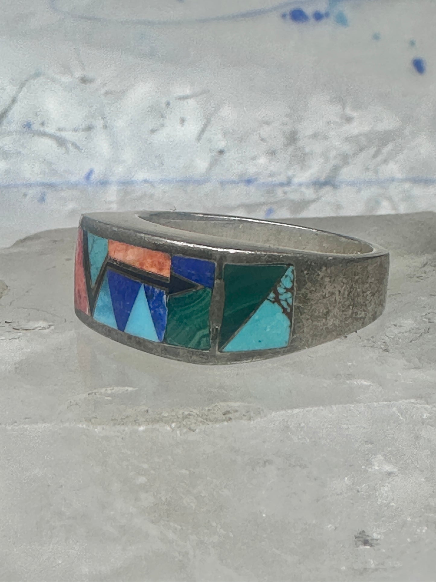 Vintage Southwestern Sterling Silver Multi-Stone Inlay Arrow Band Ring - Size 11