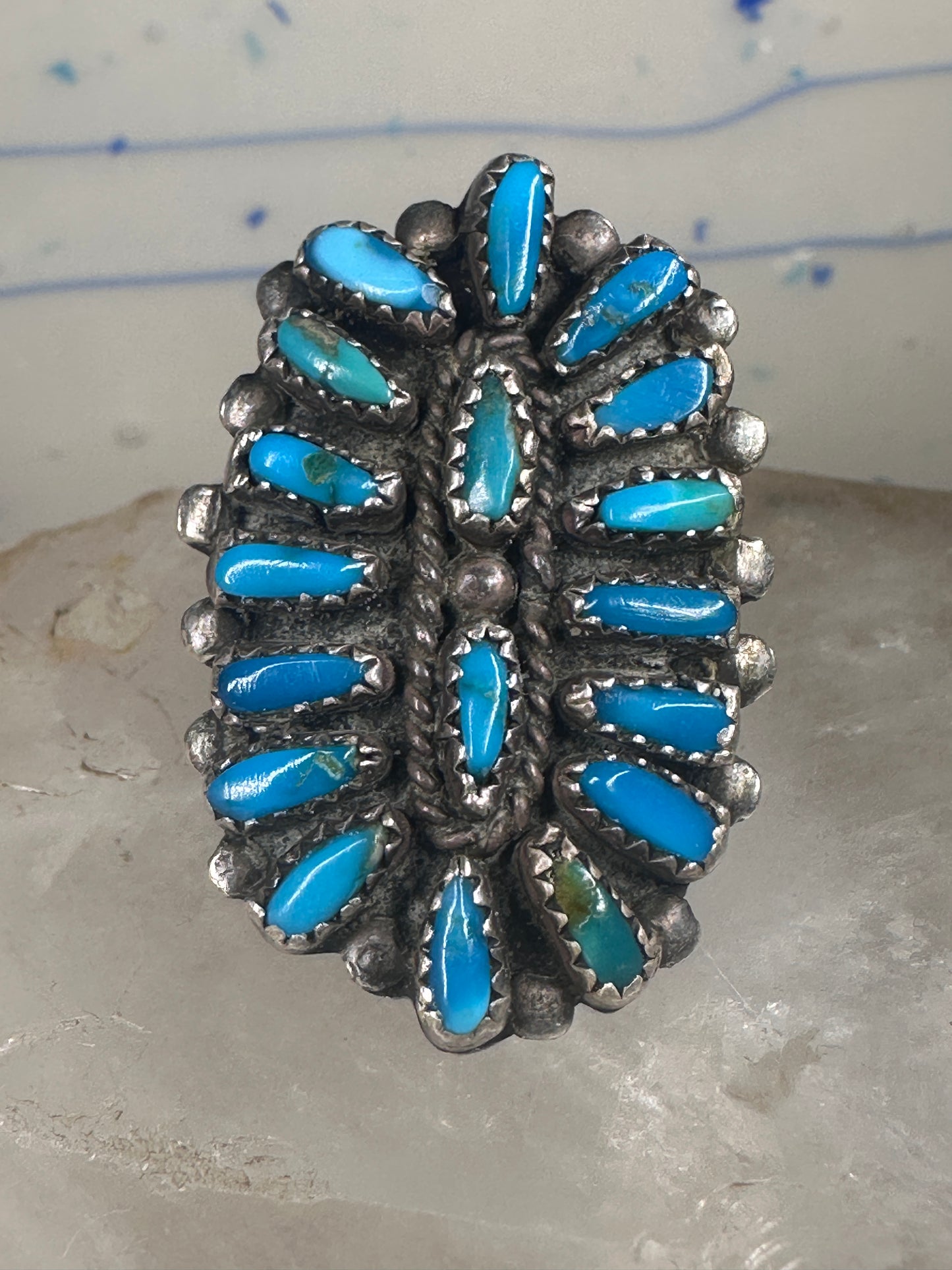 Long turquoise ring Zuni Petite Point size 8 sterling silver women