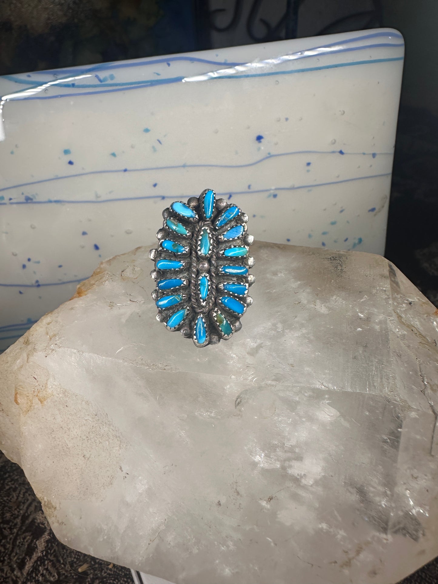 Long turquoise ring Zuni Petite Point size 8 sterling silver women