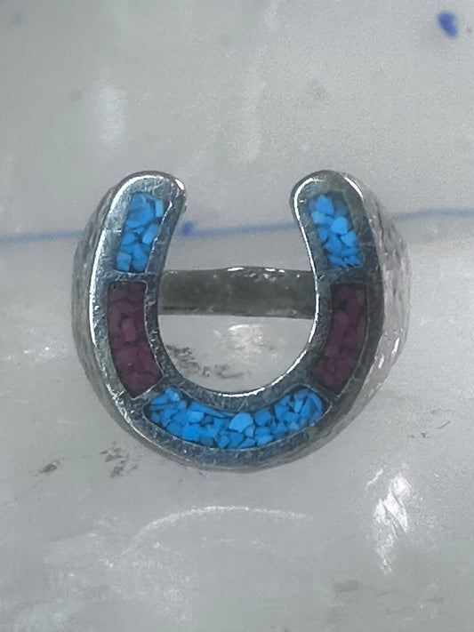 Vintage horseshoe ring turquoise coral southwest size 8 Good Luck band sterling silver women men