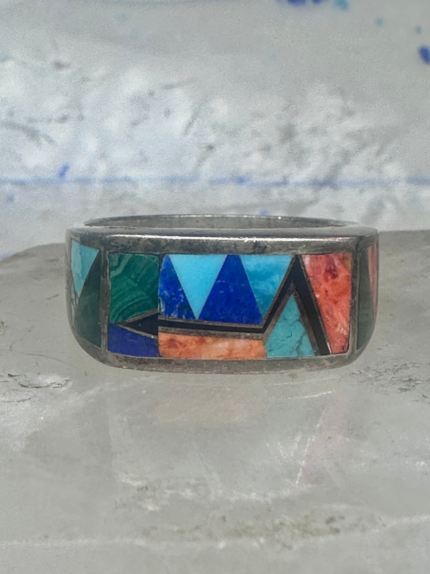 Vintage Southwestern Sterling Silver Multi-Stone Inlay Arrow Band Ring - Size 11