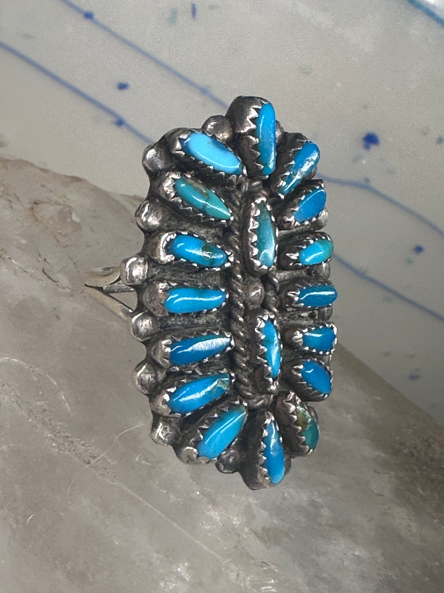 Long turquoise ring Zuni Petite Point size 8 sterling silver women