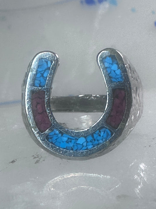 Vintage horseshoe ring turquoise coral southwest size 8 Good Luck band sterling silver women men