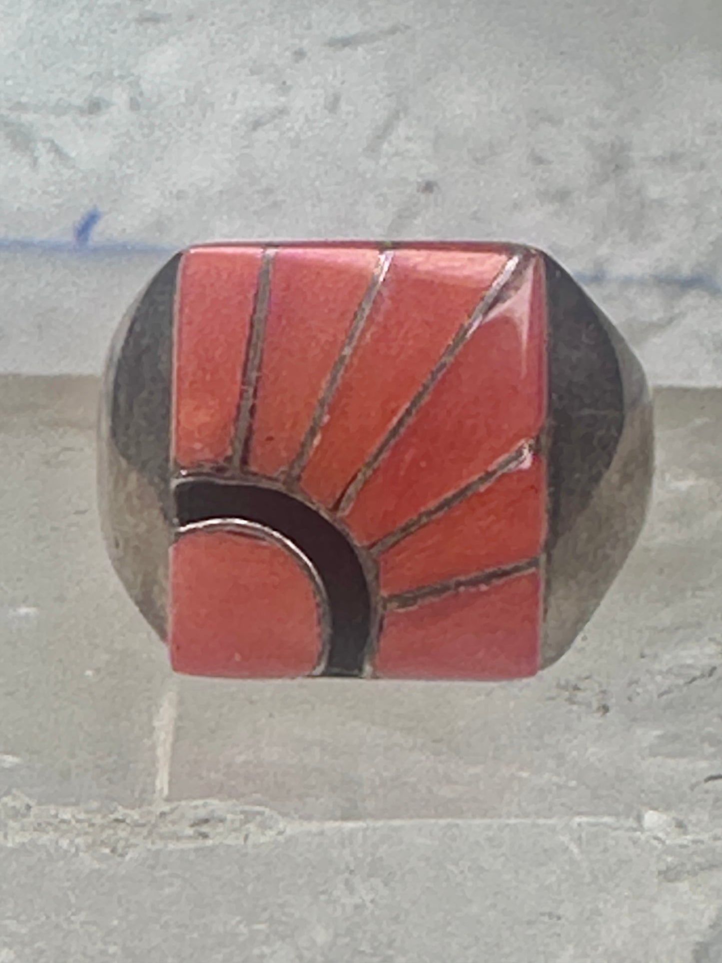 Vintage Signed Amy Southwestern Sterling Silver Orange Spiny Oyster Sunrise Inlay Signet Ring - Size 11